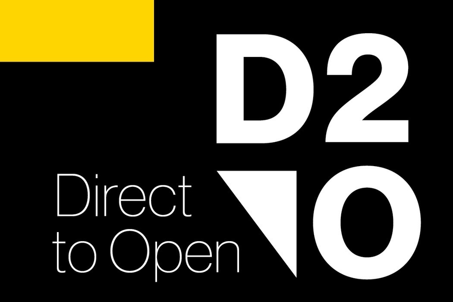 The Direct to Open logo is a black rectangle with a yellow field in the upper left corner and large white text reading “D 2 O” on the right side