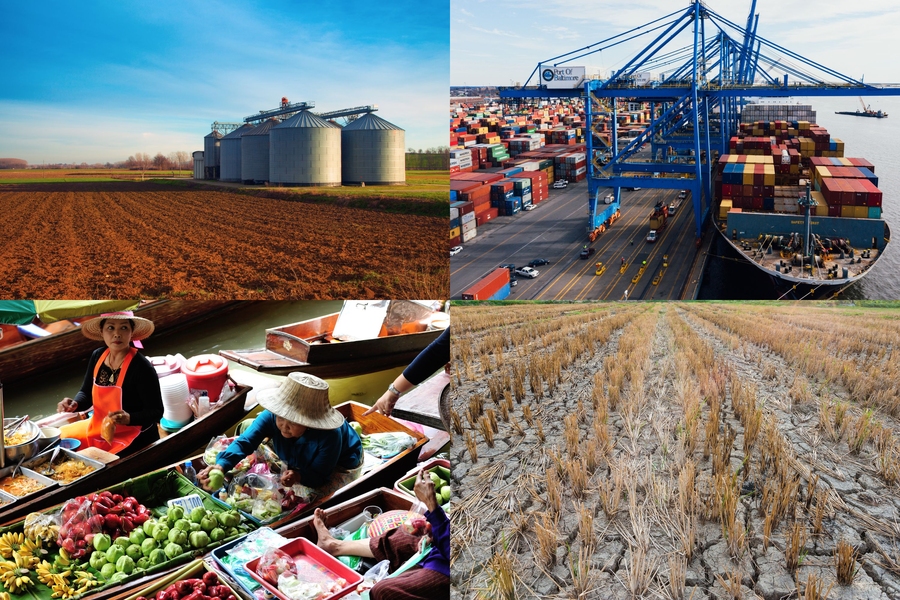 Four-picture collage of grain silos on a farm, a large cargo ship in a port, Asian women in boats with food at a floating market, and an arid farm with dried up crops.