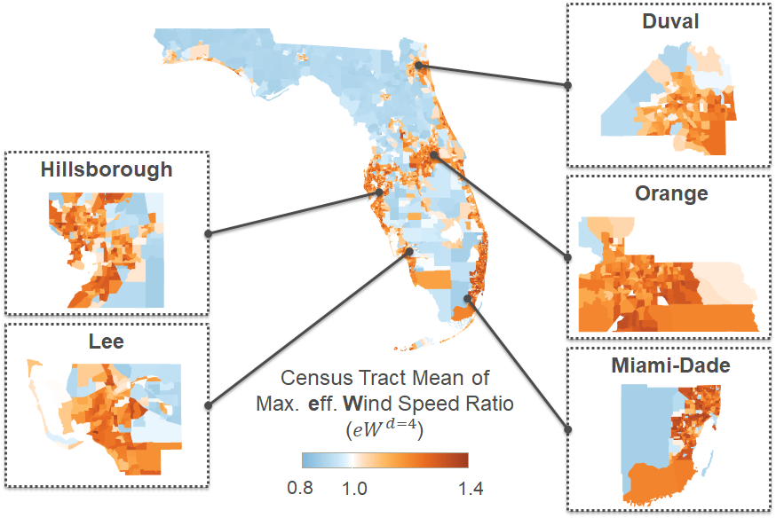 Graphic includes a map of Florida with of wind speed ratios expanded in callouts for several counties; The counties of Hillsborough, Lee, Duval, Orange, and Miami-Dade have particularly high ratios.