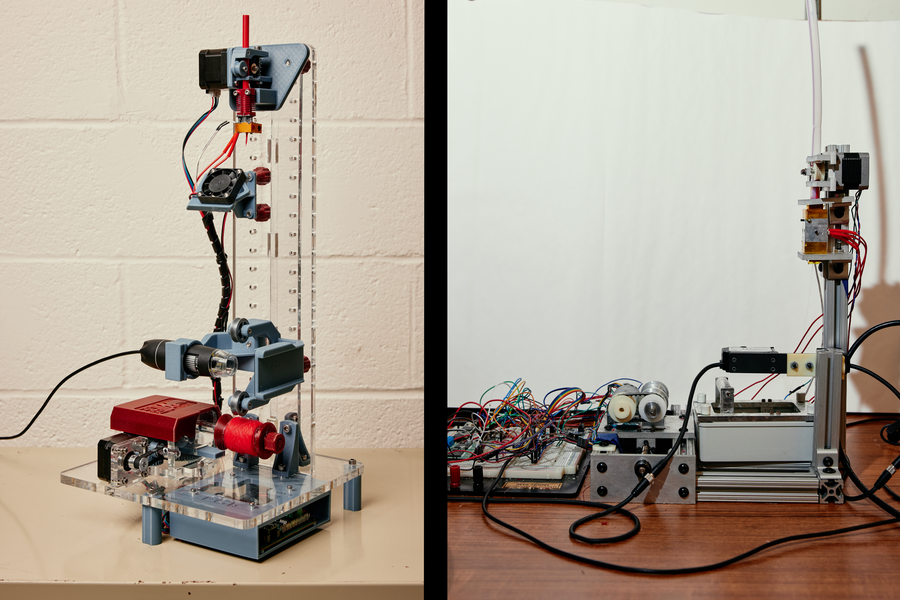 A side-by-side comparison of two FrED devices. The original has a lot more wires. The student version is sleeker.