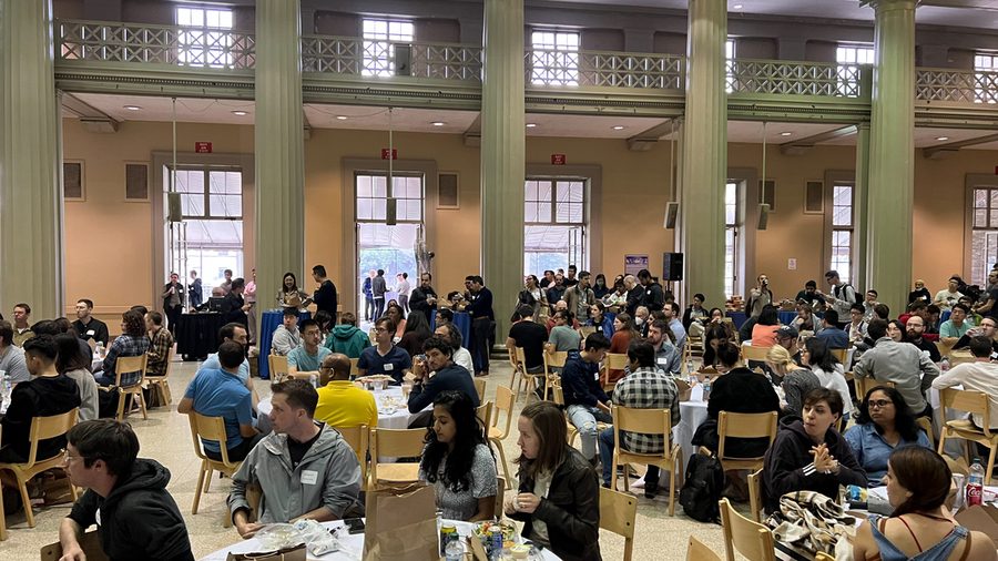 Wide view of crowded lunch tables