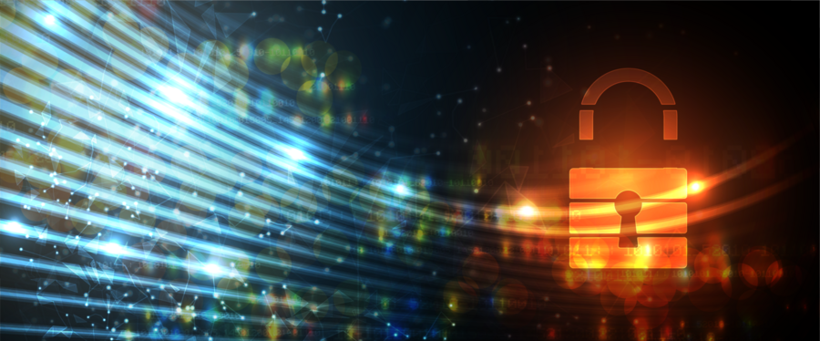 Abstract image meant to evoke cybsersecurity shows a glowing stylized padlock intercepting blue streaks of data