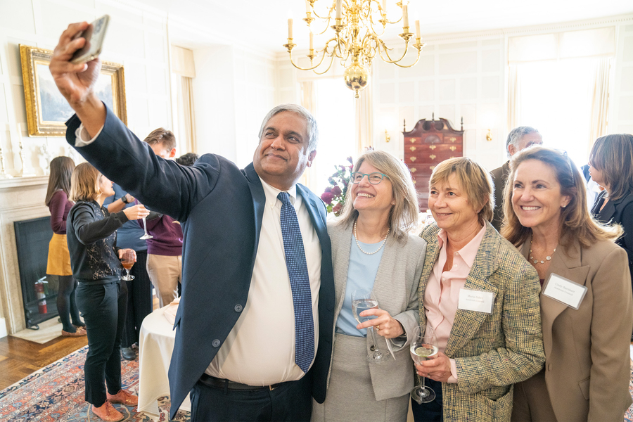 Anantha Chandrakasan, Sally Kornbluth, Maria Zuber, and Cynthia Barnhart stand side-by-side while Chandrakasan holds up a smartphone to take a photo.