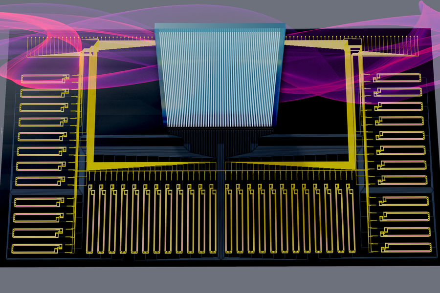 Artist’s rendering of a smart transceiver. The dark blue device has golden pathways and rectangles, which represent the wires that connect the smart transceiver chip to a circuit board. A light blue square covered with thin lines rises from the middle, to represent the smart transceiver chip. The thin lines represent an array of fibers that move light from lasers in and out of the chip. 