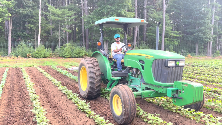 Vishnu Jayaprakash drives a green tractor over young bean plants