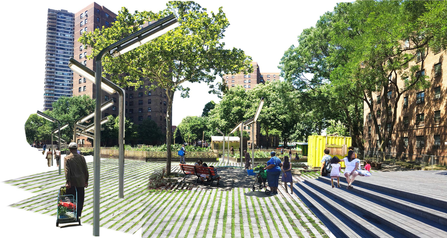 Realistic photo illustration showing people in a parklike urban plaza adjacent to city farming plots