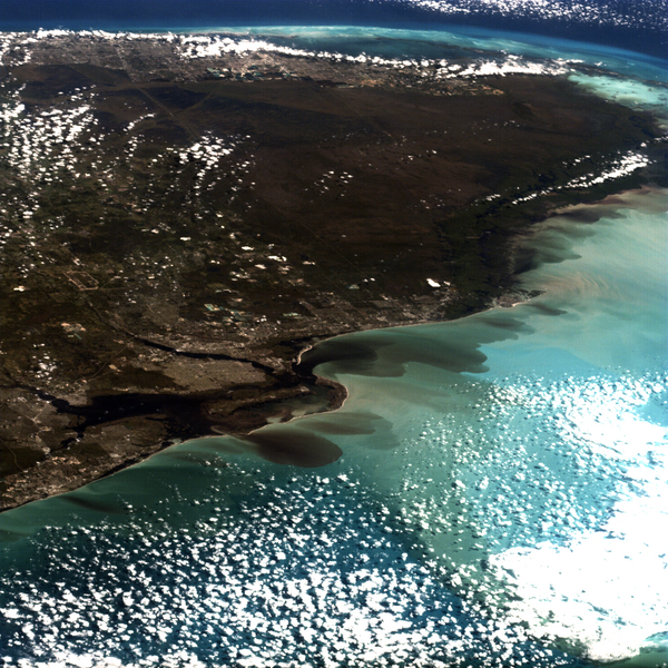 Satellite photo showing the aftermath of Hurricane Ian. The land is mostly black, with runoff into the water.