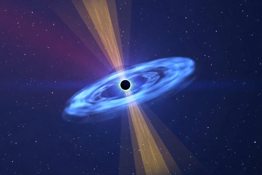 A black hole, like a black circle with a white outline, is surrounded by a cloudy disc, and yellow rays shoot out from the top and bottom of the black hole.
