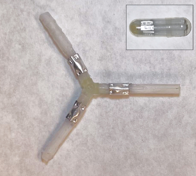 Photo shows a Y-shaped device made of beige elastomer and shiny aluminum. Inset photo on top right shows a pill-shaped device with similar coloring.
