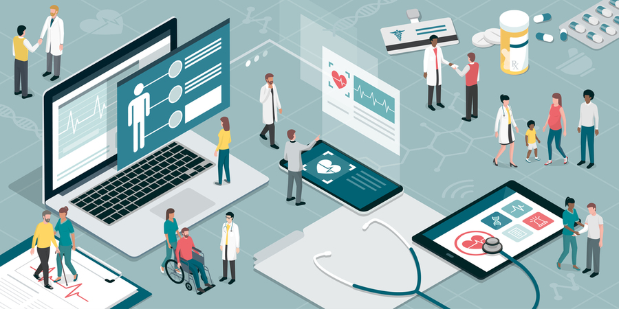 Cartoon illustration of medical personnel walking on a circuit board amidst giant medical information device props