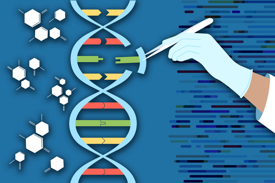 The arm of lab scientist plucks a segment of a DNA strand.