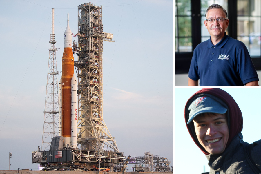 Three-photo image. At left, Artemis 1 rocket stack on a crawler moving to a launch pad. At right, headshots of Oliver de Weck and Thomas "Joey" Murphy