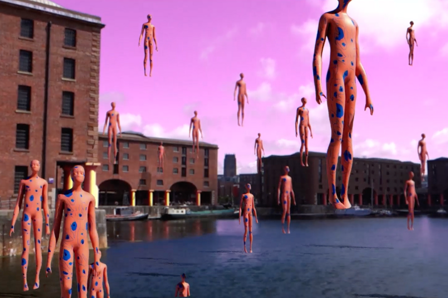 Illustration of a river backed by industrial brick buildings, with manequin-like bodies floating in the air over the water