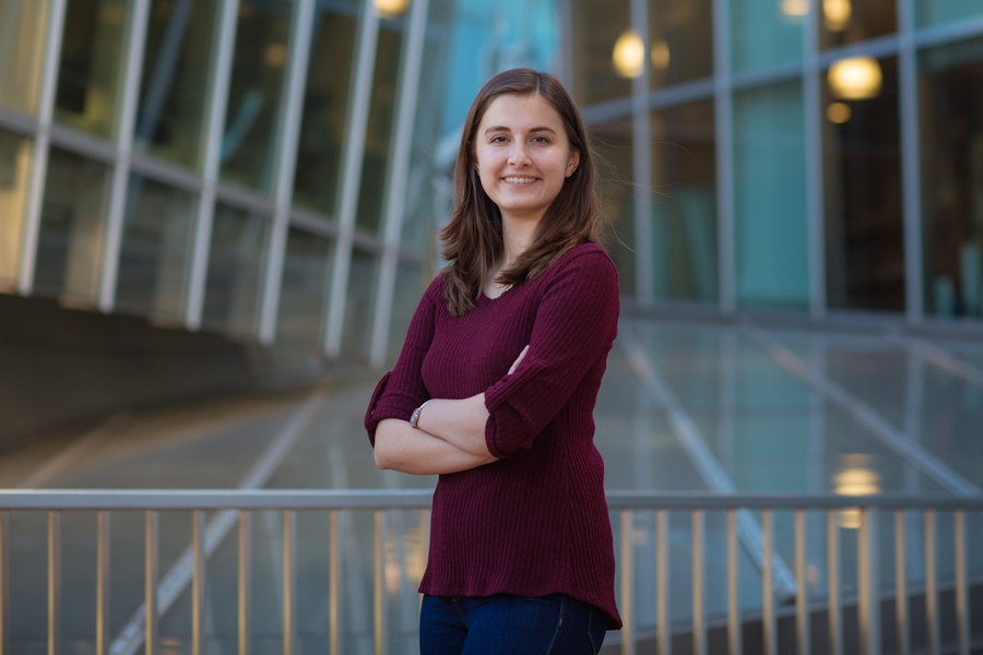 Eliza Wells smiles with Stata Center in background.