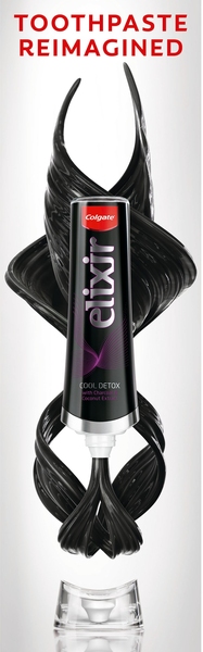 Photo of a high-tech black toothpaste container dispensing black toothpaste. Red letters at the top of the image say "Toothpaste Reimagined."