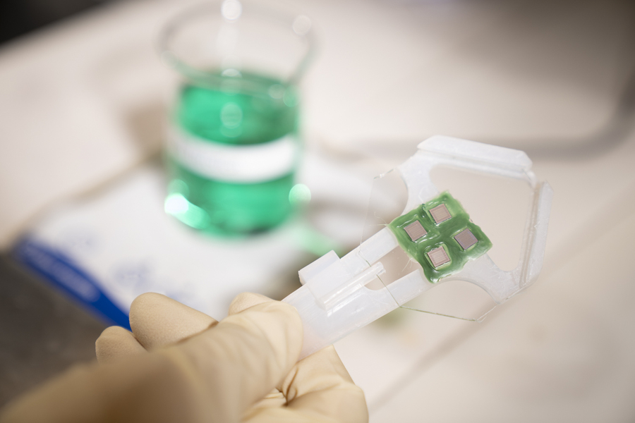 Close-up of a hand holding four ROIC chips in a green gel matrix that are prepared to be mounted on metal plating.