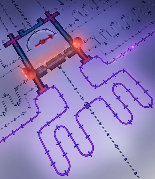 Rendering shows a unique thermometer with various transparent tubes snaking out. Purple energy flows and connects two sides of the thermometer, and the temperature is hot.