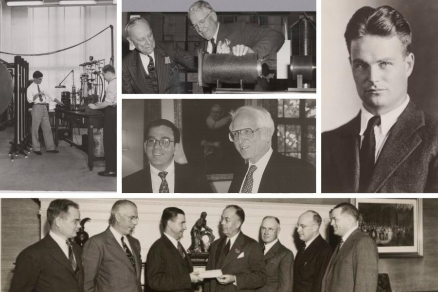 Collage of various black and white photos showing people interacting.