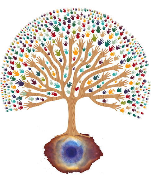 Illustration of a tree depicted in a wood grain pattern has multicolored hands for leaves and a colorful eyeball as its root.