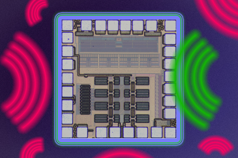 A complex receiver chip is in the middle, and has circuits in its center and squares around the edges. Red radio waves try to hit the chip but are blocked by the chip’s glowing edges. A green radio wave enters the chip.