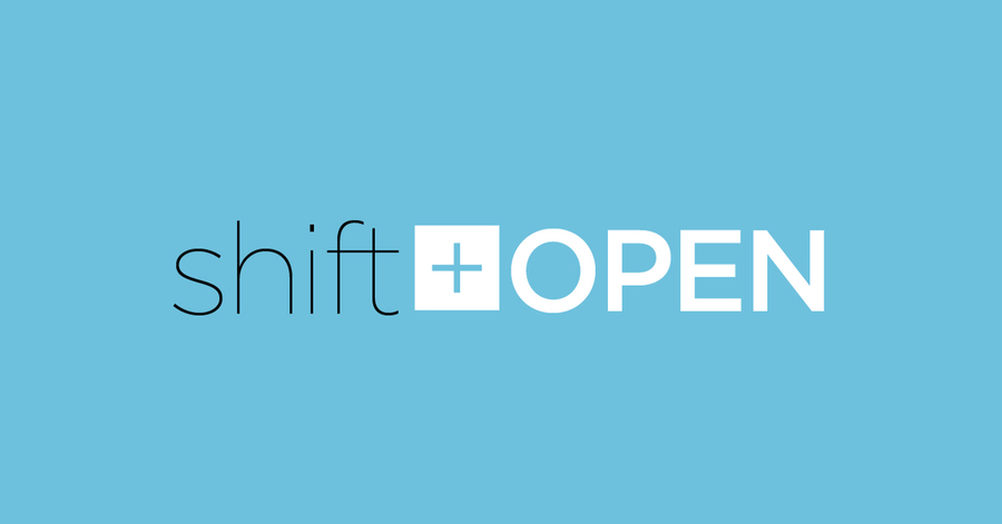 The shift+open logo. “Shift” is lowercase in a light black font; “open” is all capitalized in a heavy white font, and the plus sign is in a white box between them