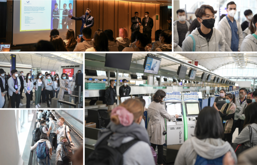 A collection of five photos with students in masks in an airport, traveling on an escalator, and making a presentation in front of an audience.