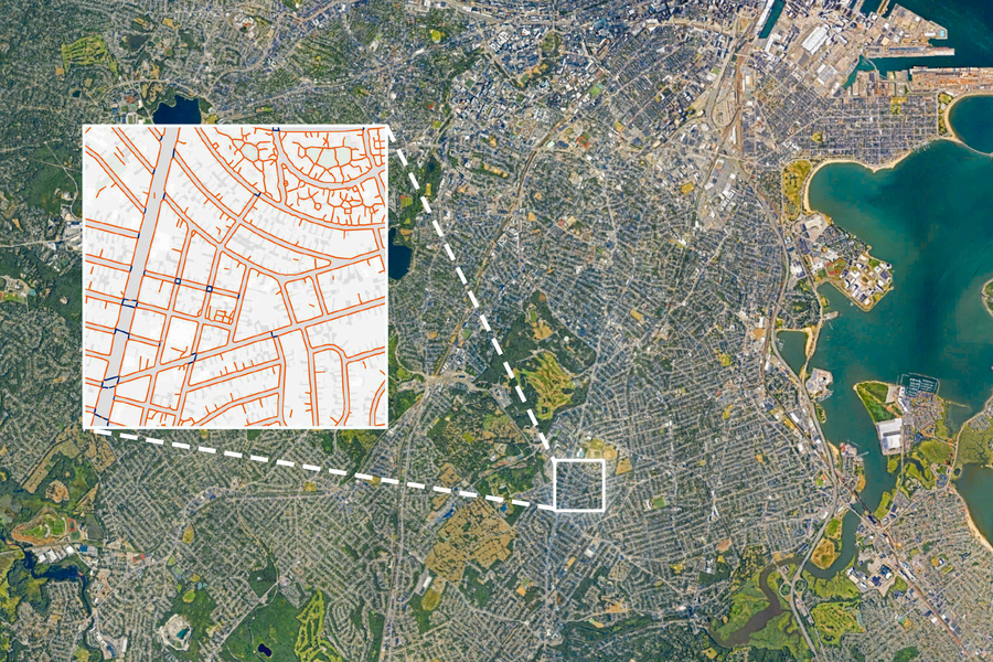 A map shows a satellite view of Boston, including Franklin Park Zoo. An inset, with orange lines, shows the sidewalks, crosswalks, and footpaths of an area near Franklin Park Zoo.