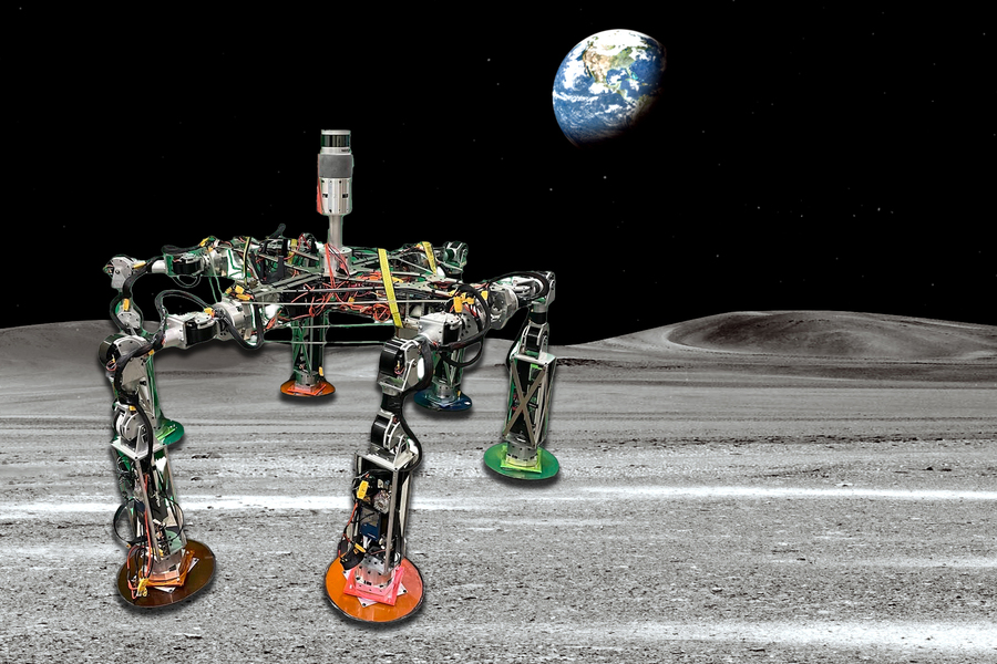 Robot with six legs resembling tentacles sits atop the moon with the Earth in outer space.