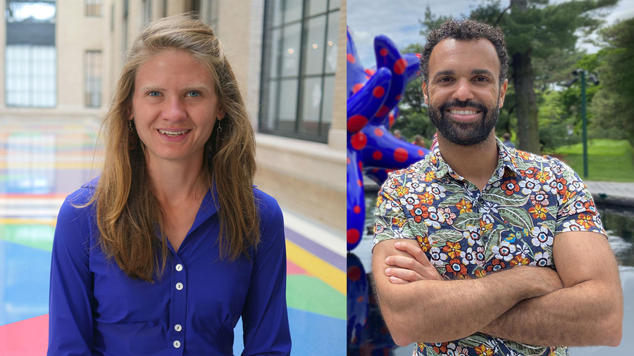 Side-by-side portrait photos of Seychelle Vos and Hernandez Moura Siva, each standing and smiling