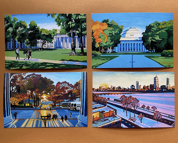 Four postcard-sized prints of paintings of scenery from MIT’s campus: students walking across Killian Court, MIT’s Great dome with Killian Court in foreground, sun setting behind autumn leaves in front of MIT’s main entrance, snow on the Charles River with Boston skyline in the background.