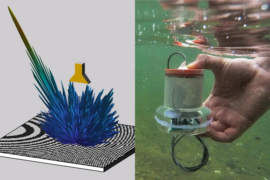 Two research images side by side; on the left, a digital drawing with a rectangular chip at the bottom and multi-colored rays rising from it, and on the right a close-up photo of a hand holding a cylindrical device underwater in the ocean.