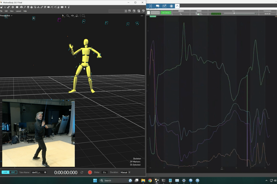 A fencer wears a full-body, black motion capture suit embedded with wireless sensors, next to a digital display with a stick-figure-like representation of the person on a screen.