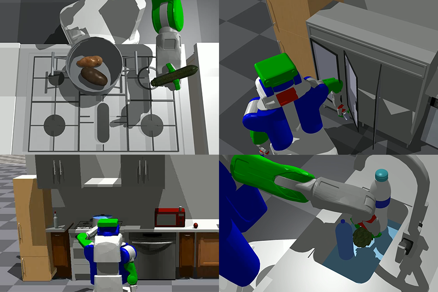 Illustration with four panels shows 3D models of robots performing various tasks. From top left: a pan of potatos on top of stove, with a robot holding a food item. To the right is a robot standing in front of a cabinent. In the bottom left, a robot stands in front of a full kitchen and reaches for a pot. In the bottom right quadrant, a robotic gripper reaches into the sink for an item, next to two water bottles.