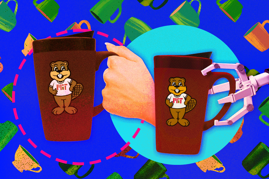 The background is blue and shows a pattern of coffee mugs. In the foreground on the left, a human hand holds a Tim the Beaver coffee mug. To the right of that, a robotic hand holds another Tim mug.