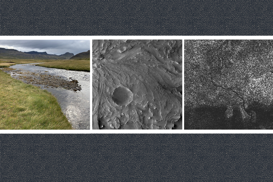 Collage of three images: Color photo of a river on Earth; black and white satellite image of a river channel near a crater on Mars; black and white image of a river system on the surface of Titan