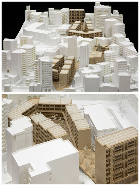 3D Model of city buildings on a surface sloping toward the foreground. Most are white; some are highlighted in tan