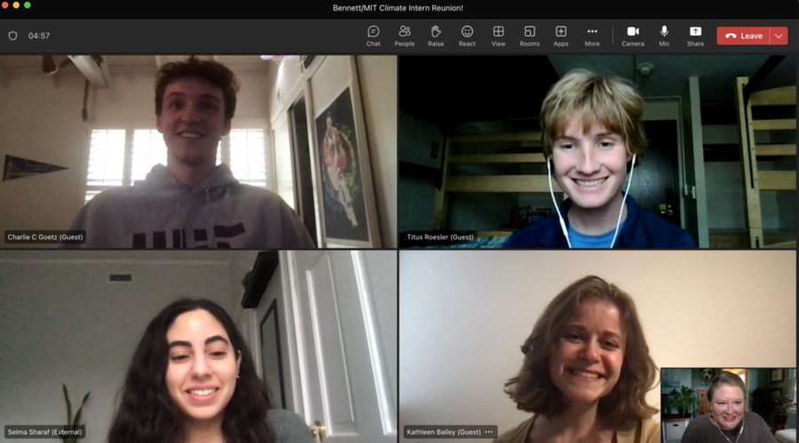 Zoom screenshot showing four photos of MIT interns in a square, with an inset of Associate Professor Anne Carrington Hayes in the corner