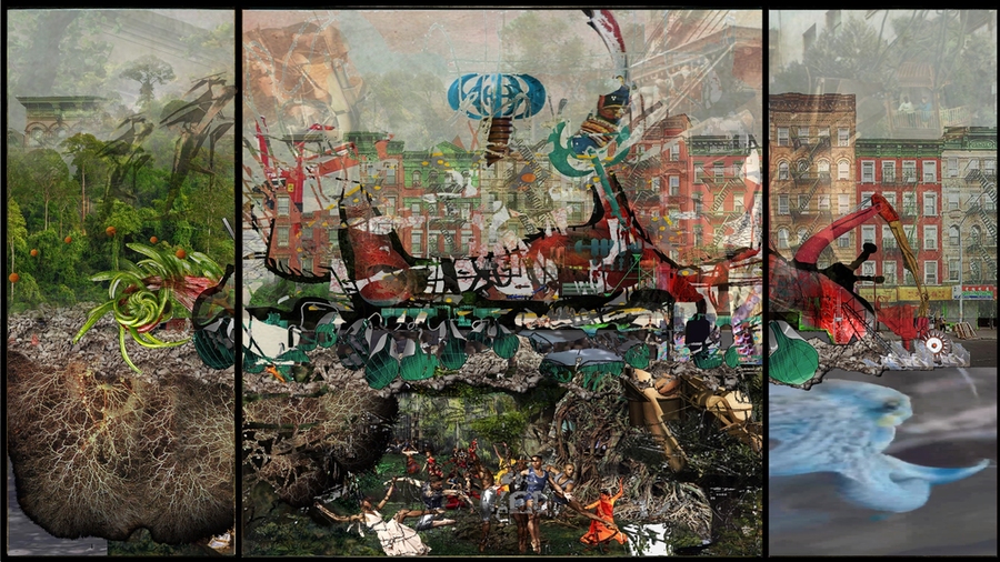 Three-paneled abstract painting of a cityscape with either nature or pollution in the foreground