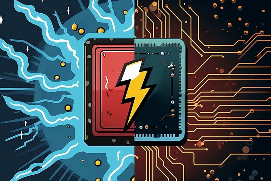 Colorful abstract drawing with blue lightning streaks on the left, gold microcircuits on the right, and a computer chip with a lighting bolt in the middle