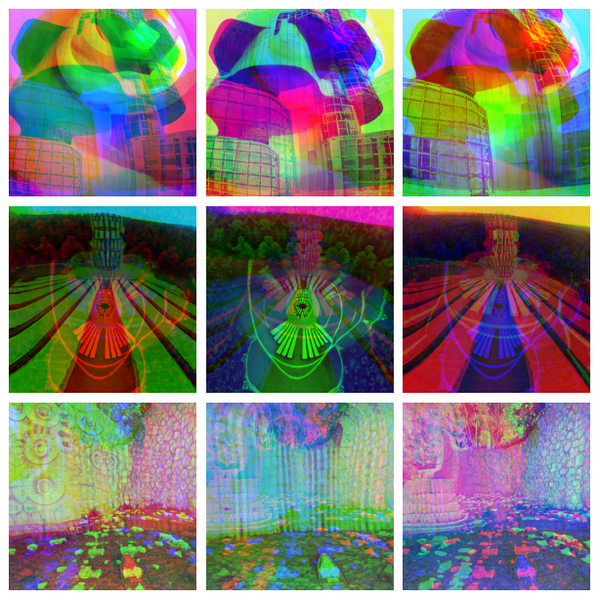 Grid of nine individual abstract color images. Some of the repeating shapes suggest buildings, roads, and city streets.