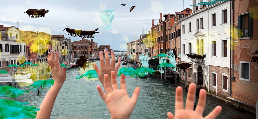 Photo collage of a canal in Venice with hands in the foreground; although most of the image is a realistic photo, in the sky there are surreal brown, multilegged objects resembling flying caterpillars.