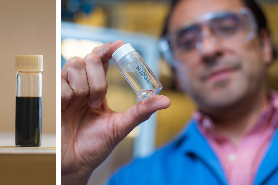 Left-hand image shows a vial of brown liquid standing on a surface. Right-hand image shows Professor Román-Leshkov holding a vial of clear liquid.