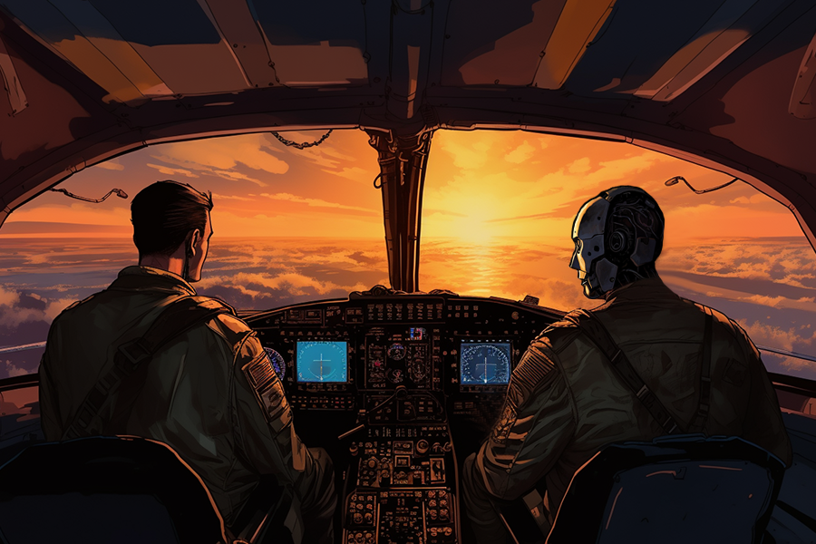 Realistic illustration of two pilots pictured from behind in an airplane cockpit. At left, a human pilot looks at the monitors. At right, an android does the same. They are flying into a sunset.