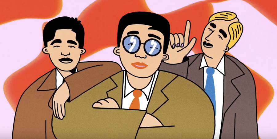 Cartoon image of James Fujimoto, Eric Swanson, and David Huang with colorful background