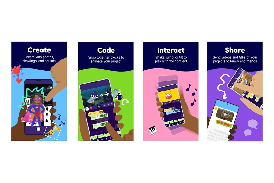 A colorful illustration featuring four hands holding mobile phones. The first says: "Create with photos, drawings, and sounds." The second says "Code: Snap together blocks to animate your project." The third says "Interact: Shake, jump, or tilt to play with your project." The fourth says "Share: Send videos and GIFs of your projects to family and friends."