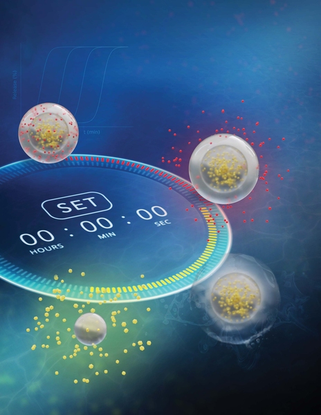 Illustration of a stopwatch surrounded by clear, spherical hydrogel particles in various states of releasing tiny dots