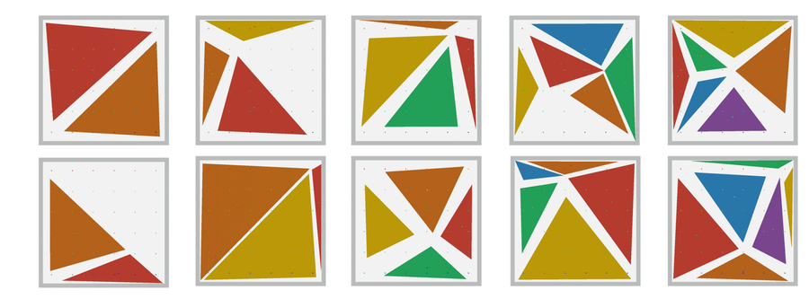 10 examples each show colorful triangles in squares. Ranging from two to six pieces, the triangles fit into the squares without touching other triangles.