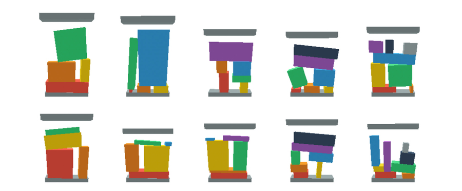 10 examples each show colorful rectangular objects in an implied box. Ranging from four to eight pieces, the rectangular objects are balanced on top of each other in many different ways.