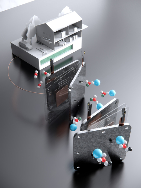 Rendering shows 3 parts as if on a grey table: a white model house on top; a fuel cell sandwiched in between two metal plates with spherical molecules floating around it; and on bottom is the electrolyzer, which looks similar to the fuel cell and has molecules floating around it.