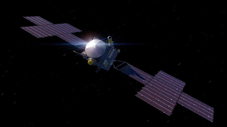 Psyche floats in space, with large solar panels on both sides.